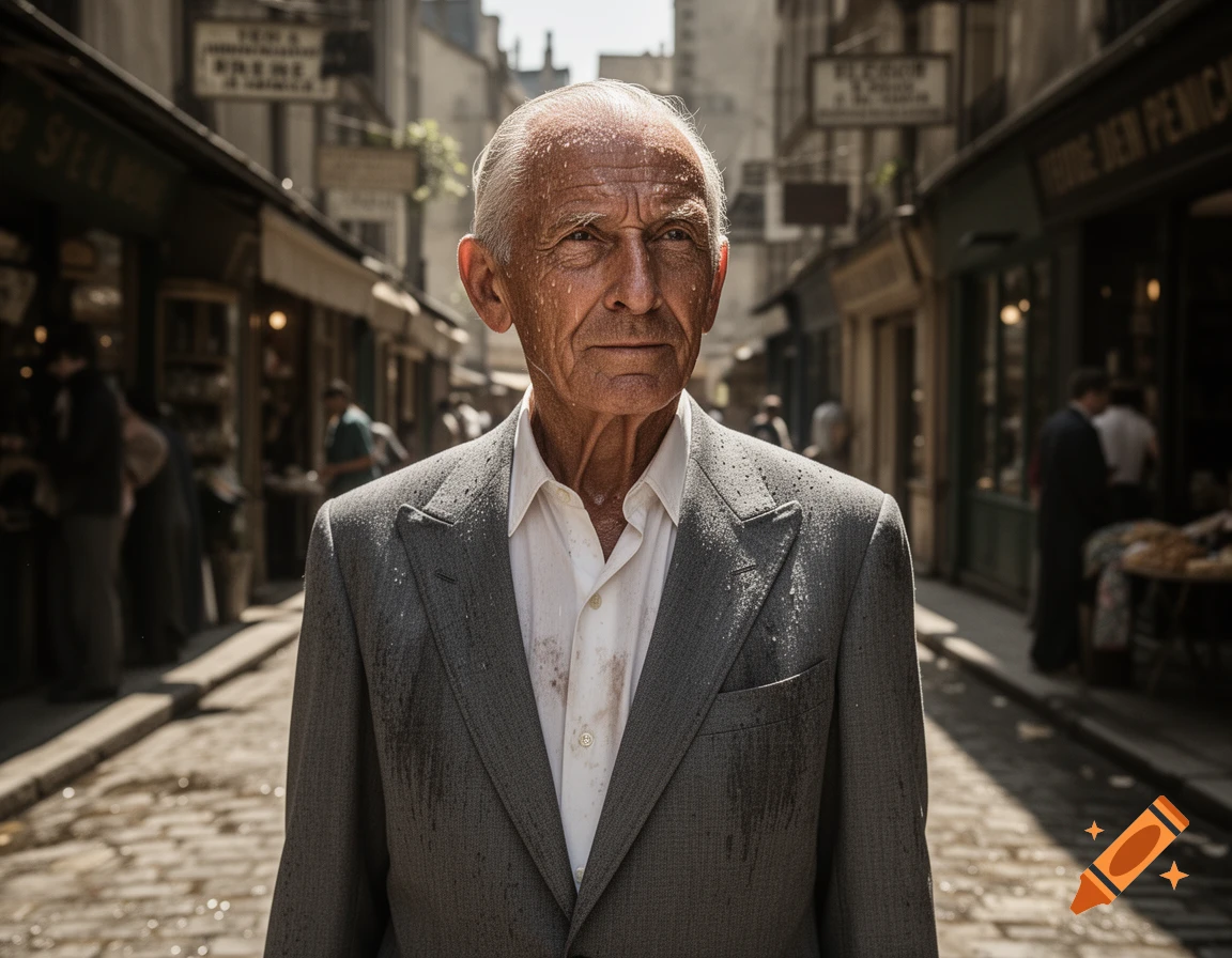Photorealistic portrait of a serious, sweating old man in a grey suit ...
