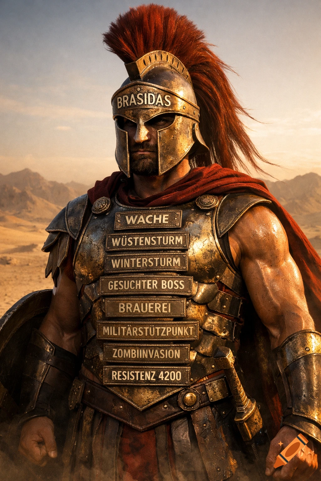 A photorealistic depiction of a Spartan-like warrior in golden armor with a red plume and cape, standing in a desert landscape.