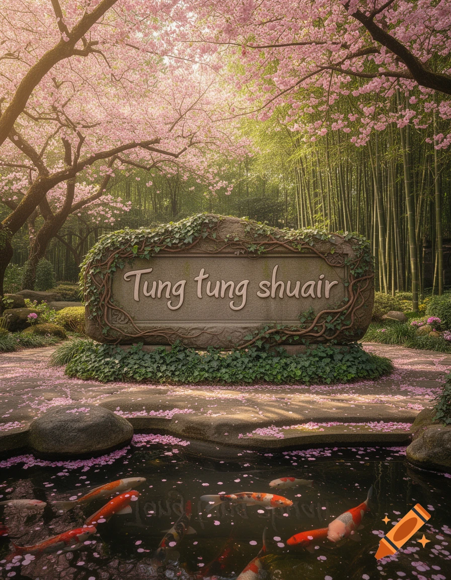 A vibrant Japanese garden with cherry blossoms and bamboo trees framing a stone sign, a pond filled with koi fish and fallen petals in the foreground.