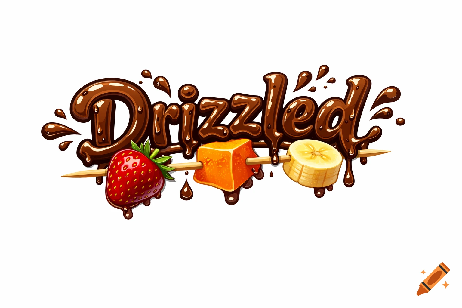 A vibrant 2D illustration of the word 'Drizzled' in glossy chocolate letters, with fruit skewers holding a strawberry, cantaloupe, and banana.