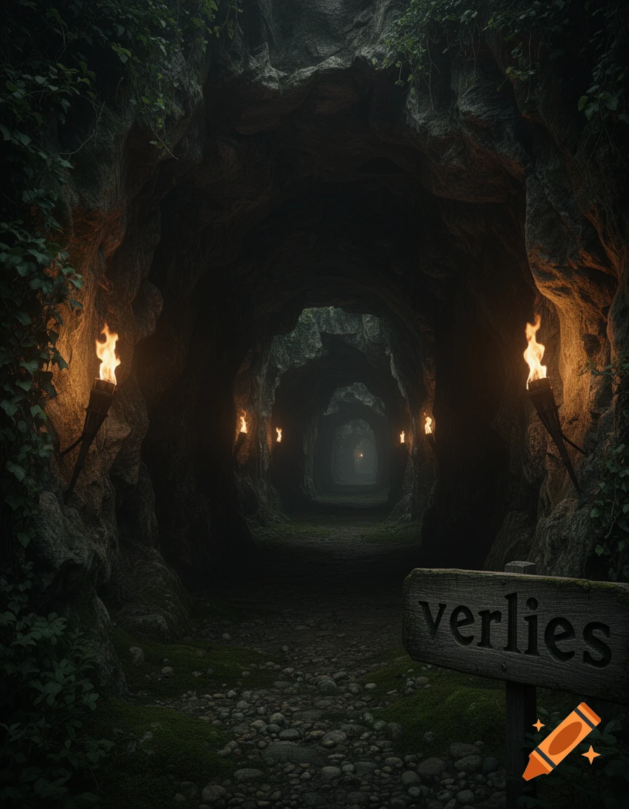 A dark, torch-lit cave entrance with a path of mossy rocks leading into the deep. A wooden sign reads 'verlies' on the right.