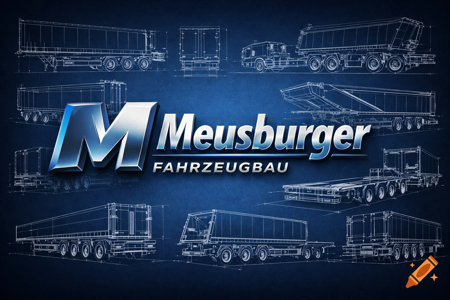 Blueprints of various semi-trailers on a dark blue background, with a 3D metallic 'Meusburger FAHRZEUGBAU' logo.