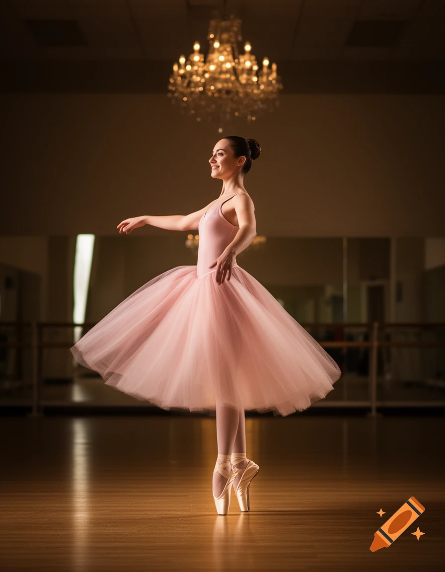 A smiling ballerina in a pink tutu and pointe shoes poses gracefully in a dimly lit dance studio with a sparkling chandelier.