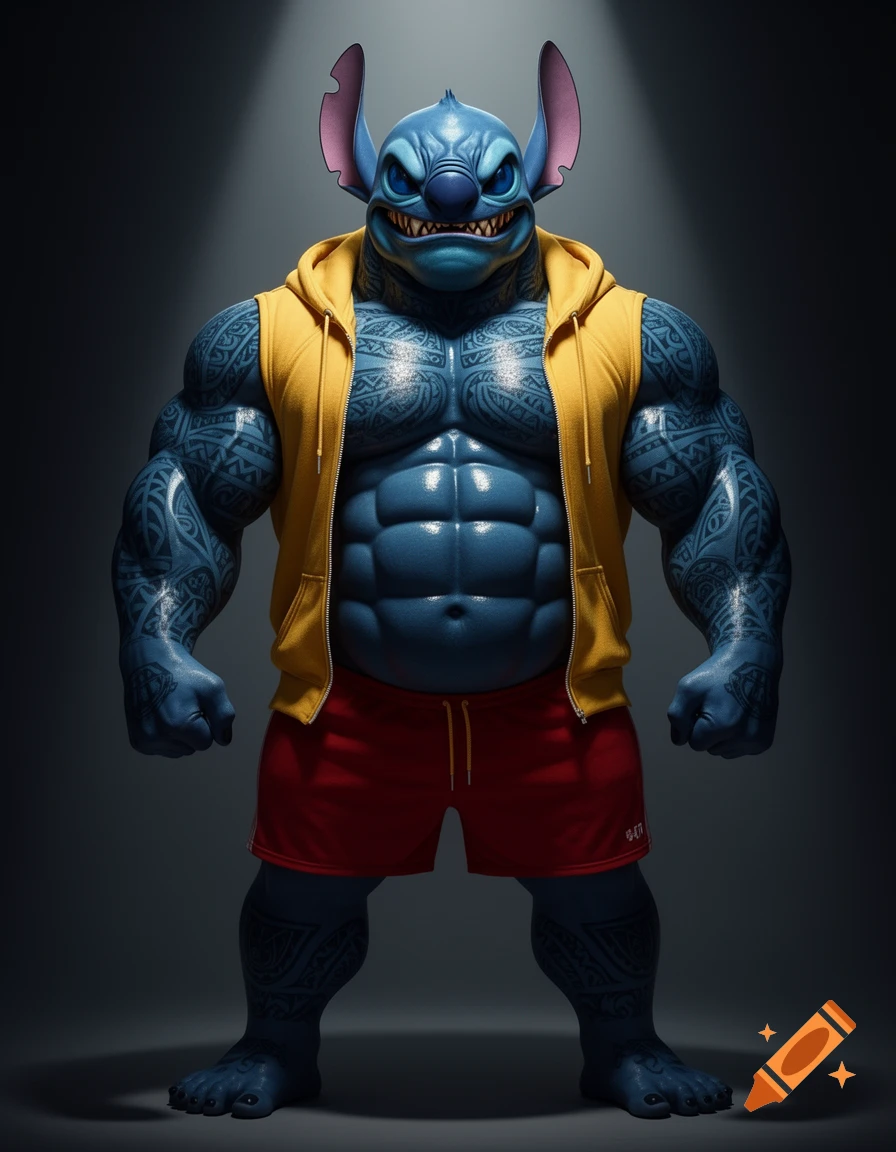 A muscular, blue-skinned Stitch from Lilo & Stitch, with Polynesian tattoos and body oil, wearing red shorts and an open yellow hoodie.