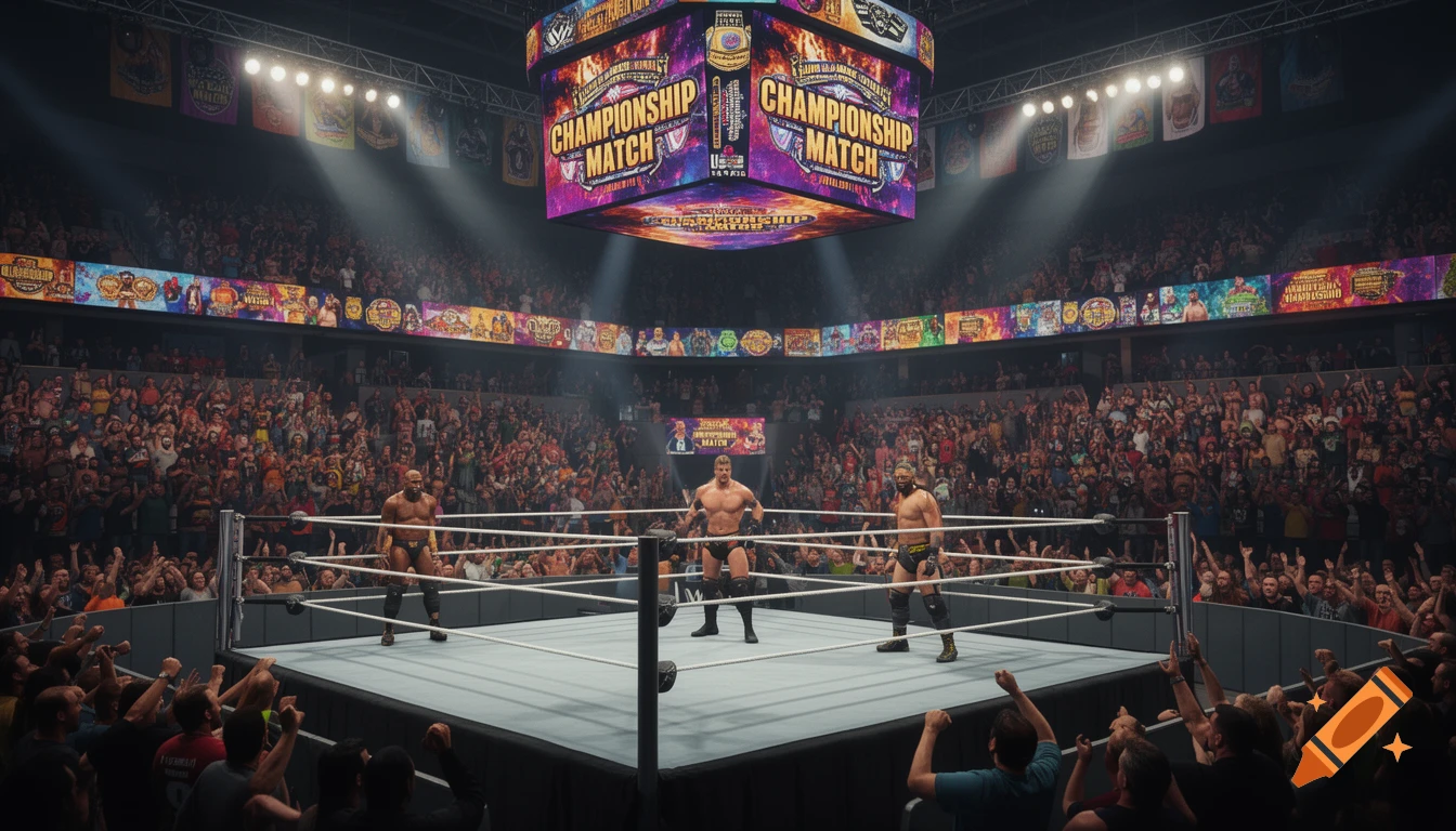 A packed wrestling arena with three muscular wrestlers in a ring, under a large 'Championship Match' screen.