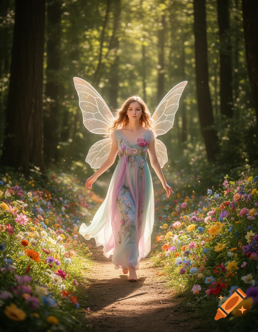 A fairy with shimmering wings walks barefoot down a sunlit forest path, her colorful dress flowing, as vibrant flowers bloom in her wake.