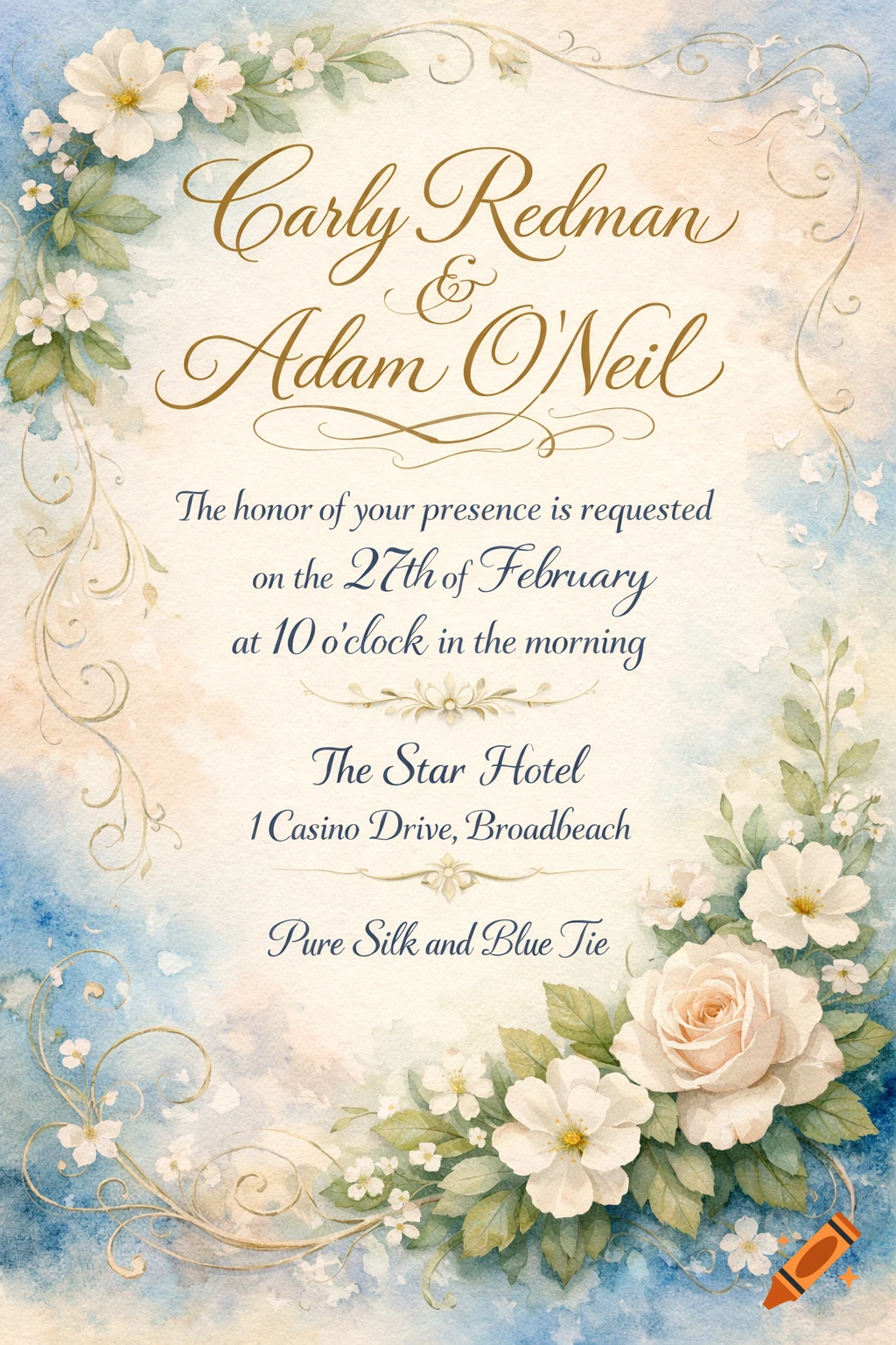 Watercolor wedding invitation with a floral border, featuring names Carly Redman & Adam O'Neil and event details on a cream background.