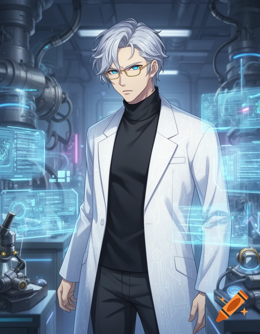 An anime-style male scientist with silver hair and glasses stands in a futuristic lab with glowing blue screens.