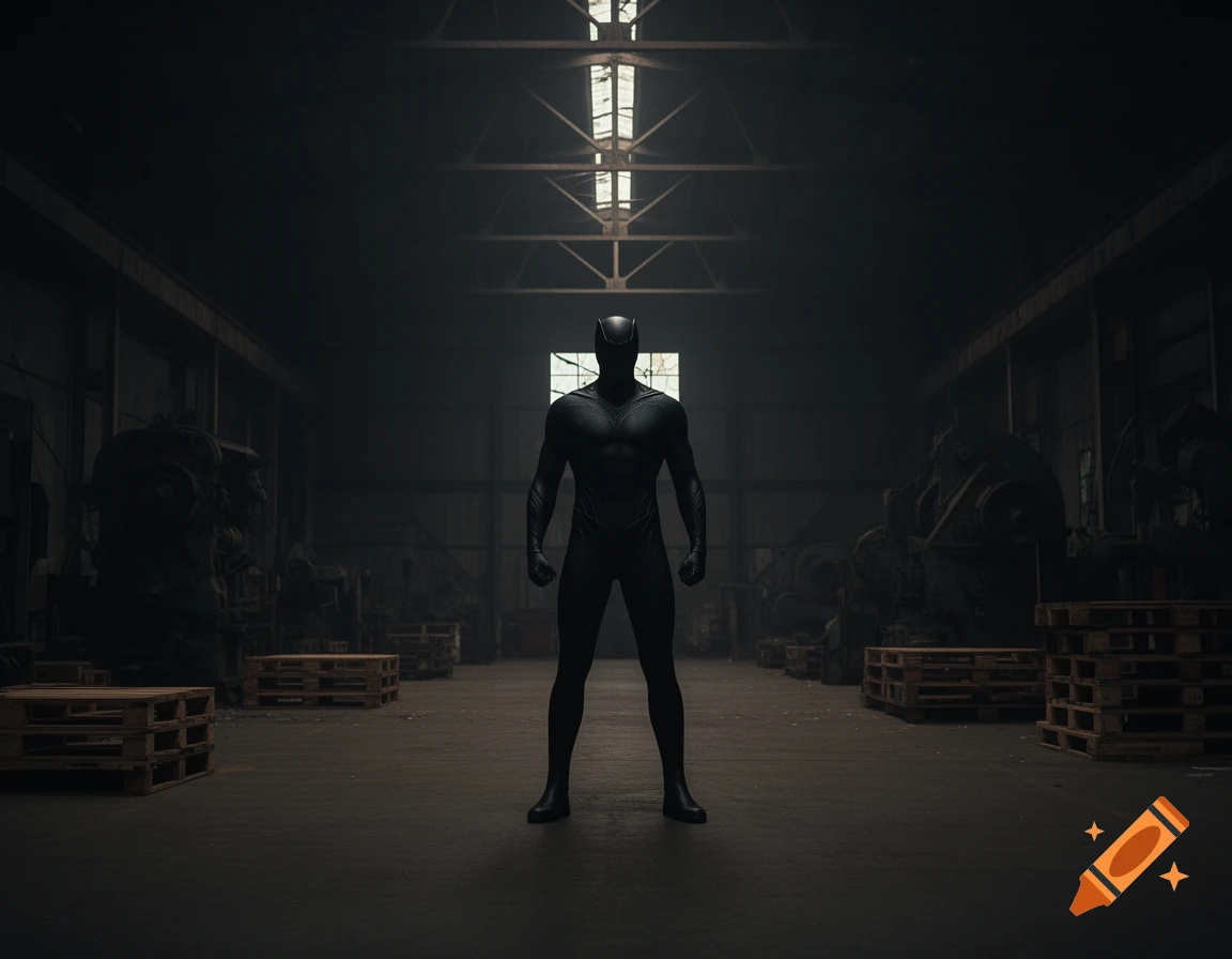 A figure in a sleek black superhero suit stands dramatically in a dark, dimly lit industrial warehouse.