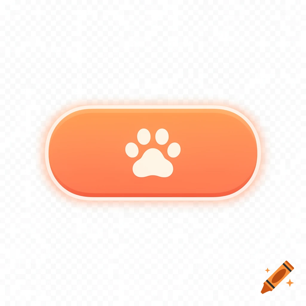 An orange gradient button with a white cat paw print in the center and a soft white glow around its edges.