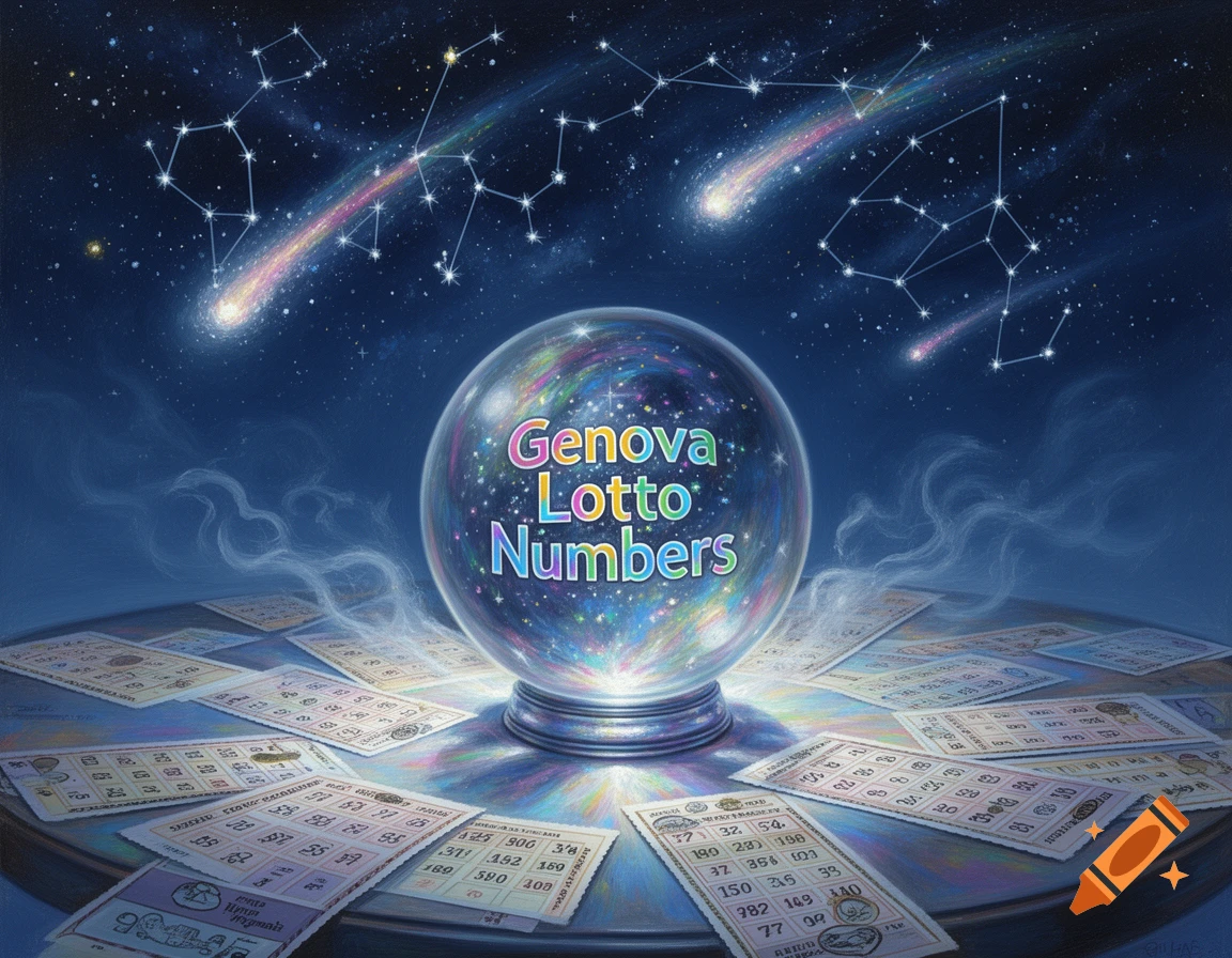 A crystal ball displaying "Genova Lotto Numbers" with colorful cosmic energy inside, surrounded by lottery tickets on a table under a starry night sky with shooting stars and constellations.