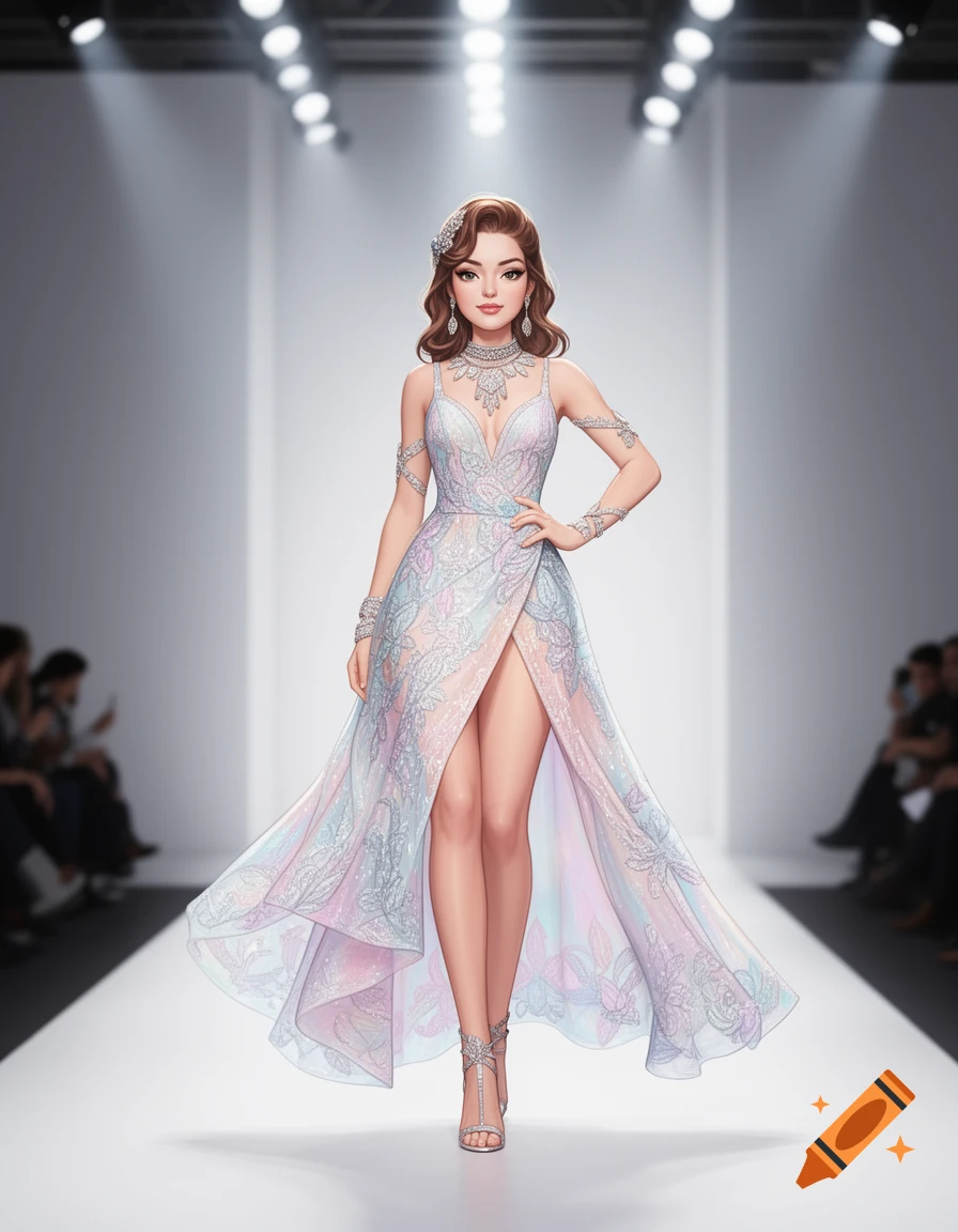 A stylized woman in an elegant, pastel flowing dress with sparkling accessories walks a modern runway, digitally illustrated.