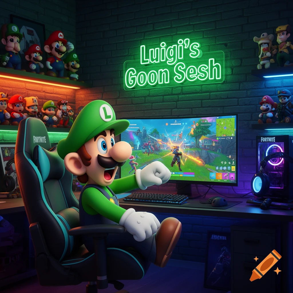 Luigi plays Fortnite at a neon-lit gaming PC setup, surrounded by Mario Bros. merchandise, in a 3D animated style.