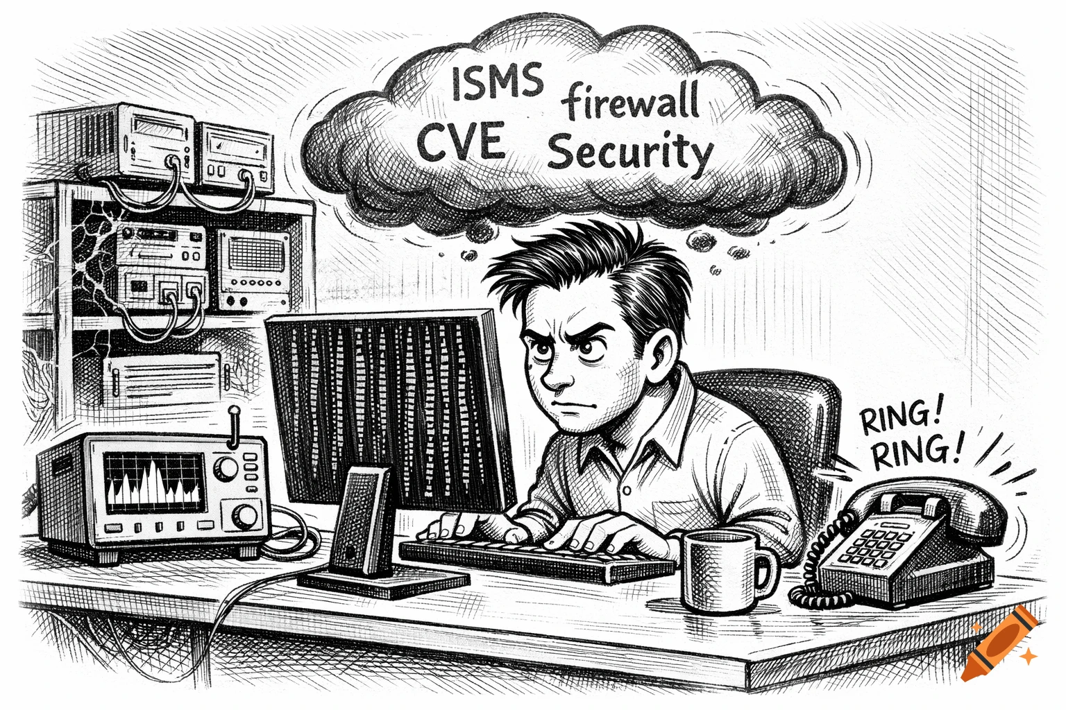 Black and white cartoon of a stressed IT worker at a desk with a computer, server rack, and a ringing phone, thinking about cybersecurity.