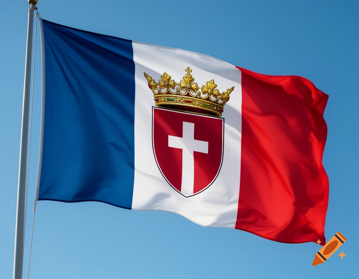 French flag with a red shield featuring a white cross and gold crown in the center, against a blue sky.