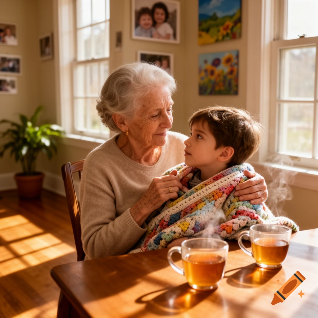 Elderly woman affectionately embraces a young boy under a colorful blanket, sitting at a table with two steaming tea cups.