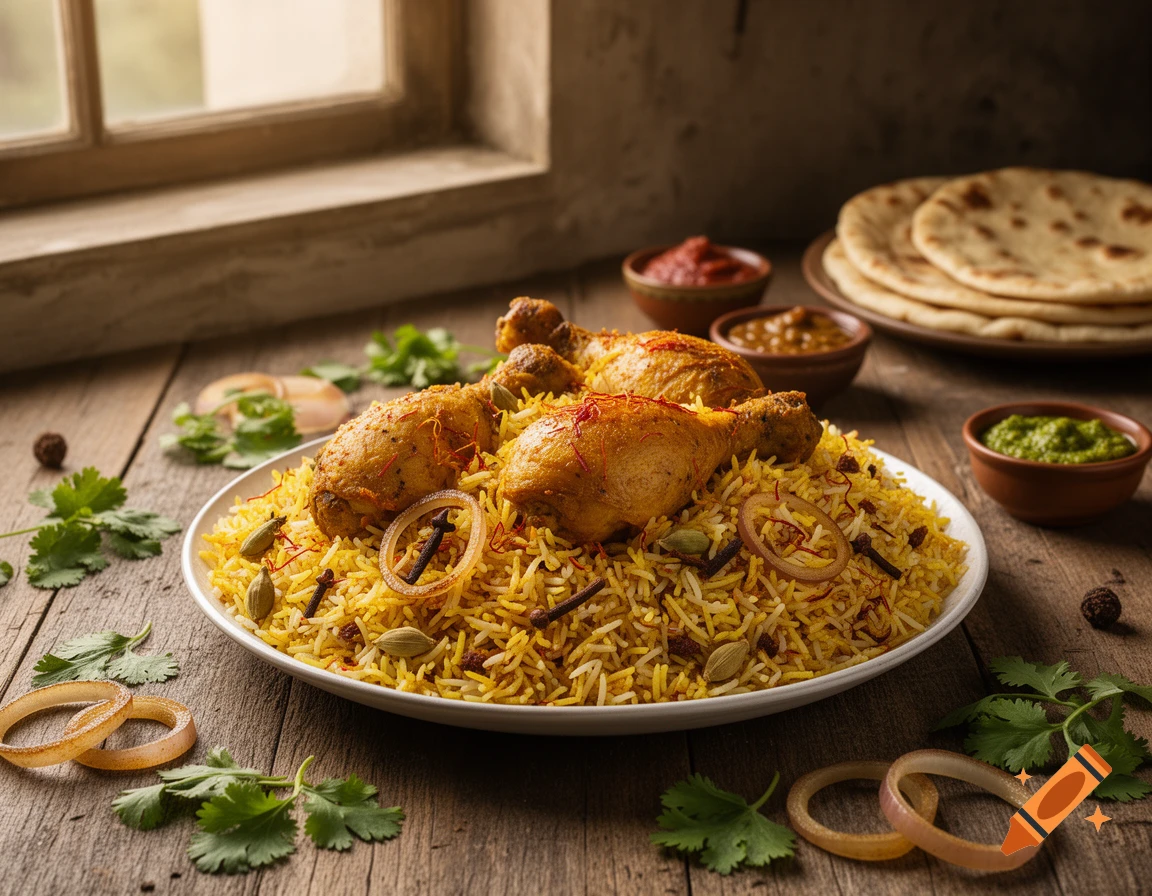 Photorealistic image of chicken biryani with saffron and spices, served on a white plate on a wooden table next to a window, with flatbreads and side dishes.