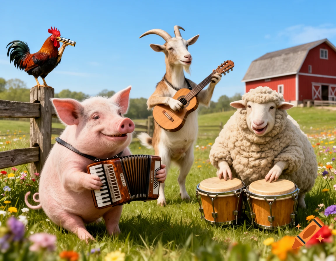 A pig, goat, sheep, and rooster play music together in a grassy field with wildflowers and a red barn in the background.