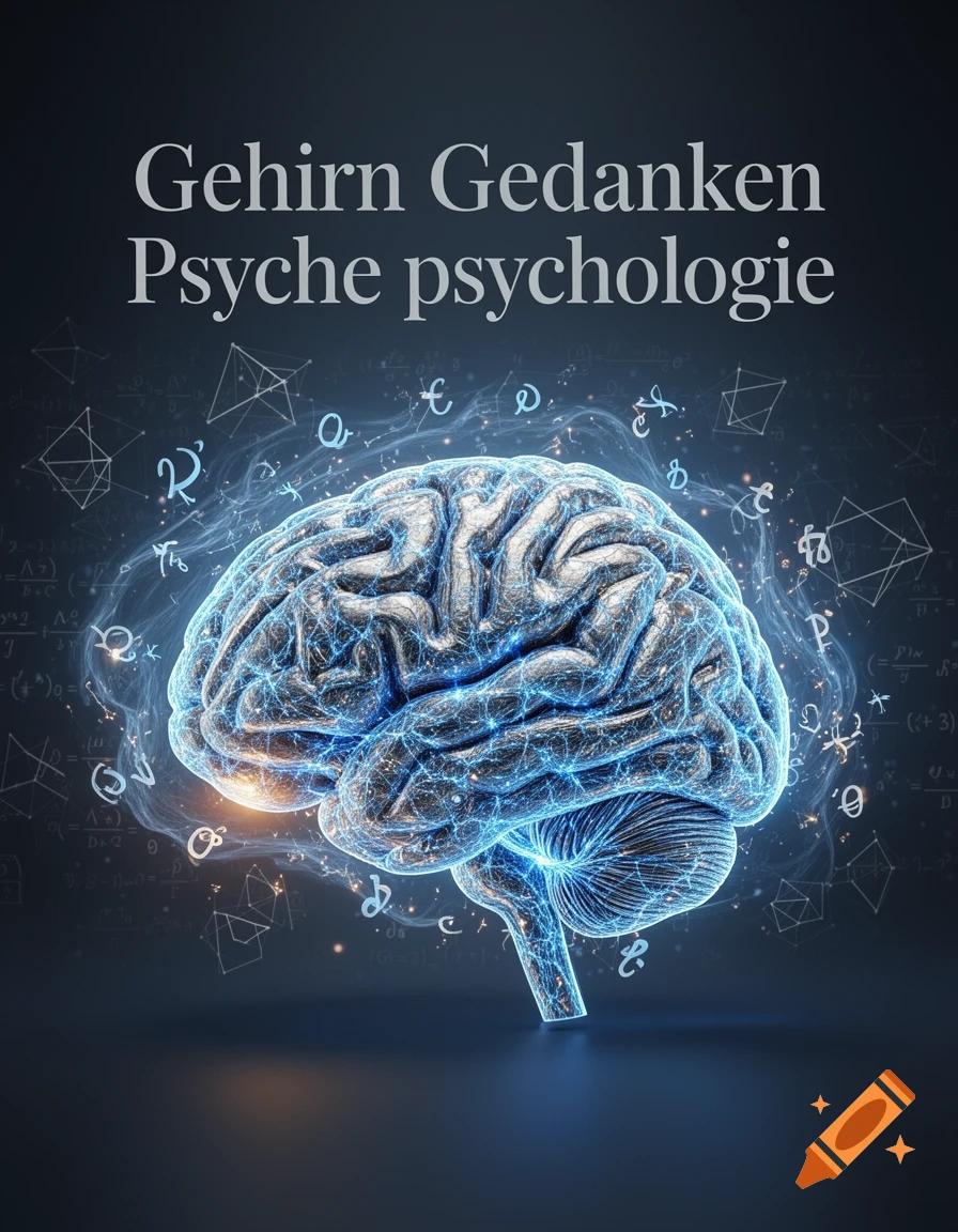A stylized, glowing human brain with neural network patterns, surrounded by mathematical symbols and German text.