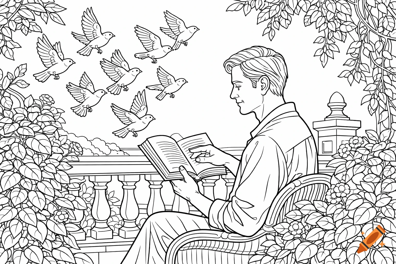 Black and white line art illustration of a man sitting on a balcony, reading a book, with birds flying nearby and lush plants.