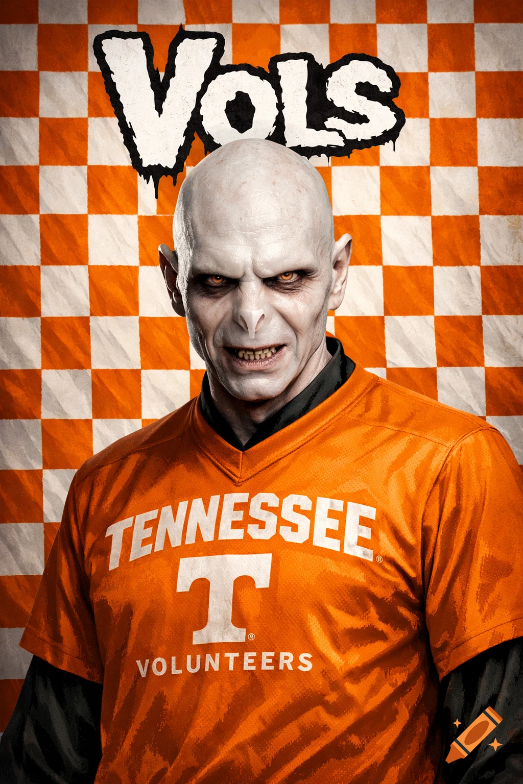 Lord Voldemort in an orange Tennessee Volunteers jersey with 'Vols' text above, against an orange and white checkerboard background.