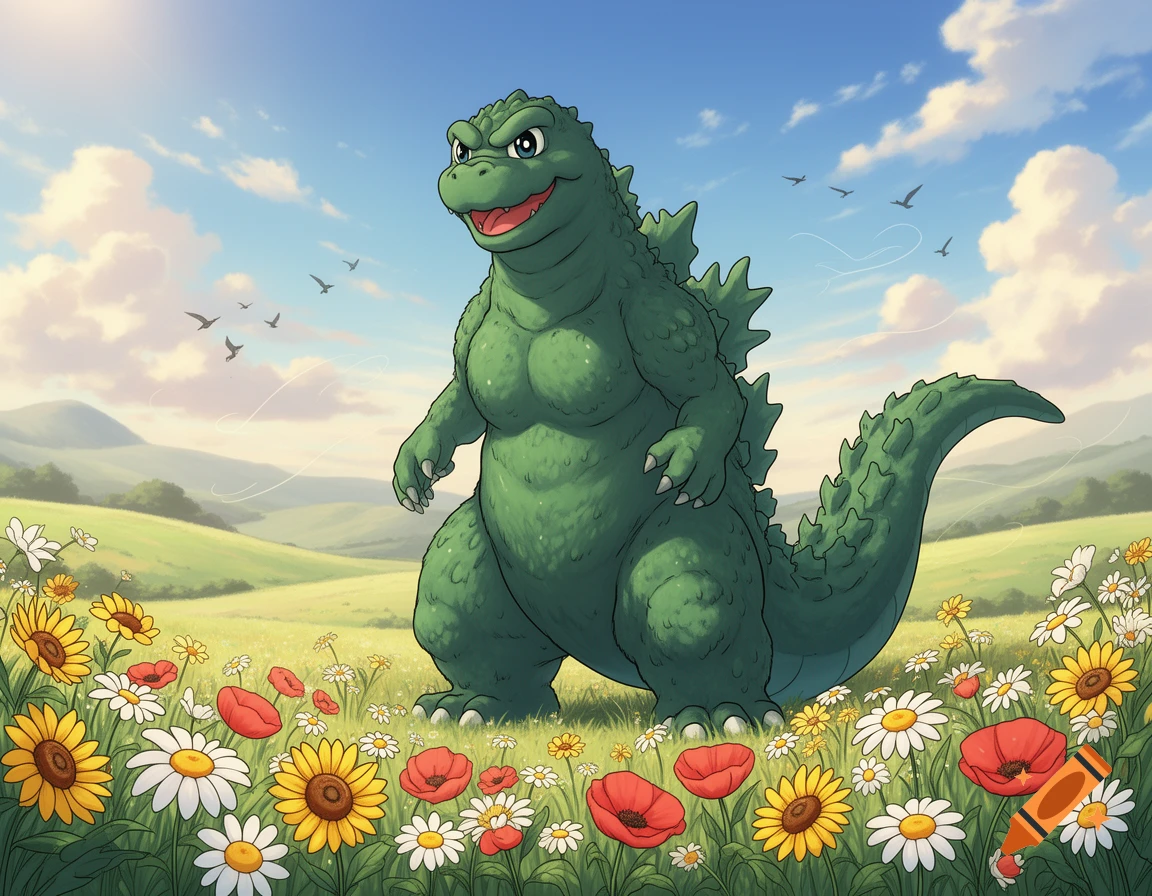 A happy, green cartoon Godzilla stands smiling in a sunny meadow full of sunflowers, daisies, and poppies, with birds flying in the blue sky.
