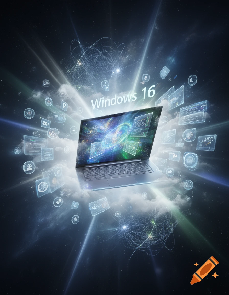 A futuristic laptop with "Windows 16" text floats in glowing clouds surrounded by digital icons and light rays in a cosmic setting.