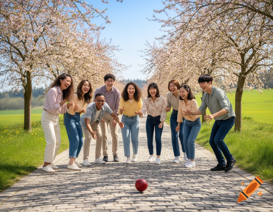 A diverse group of cheerful friends playing road bowling on a paved path lined with blooming cherry trees in spring.