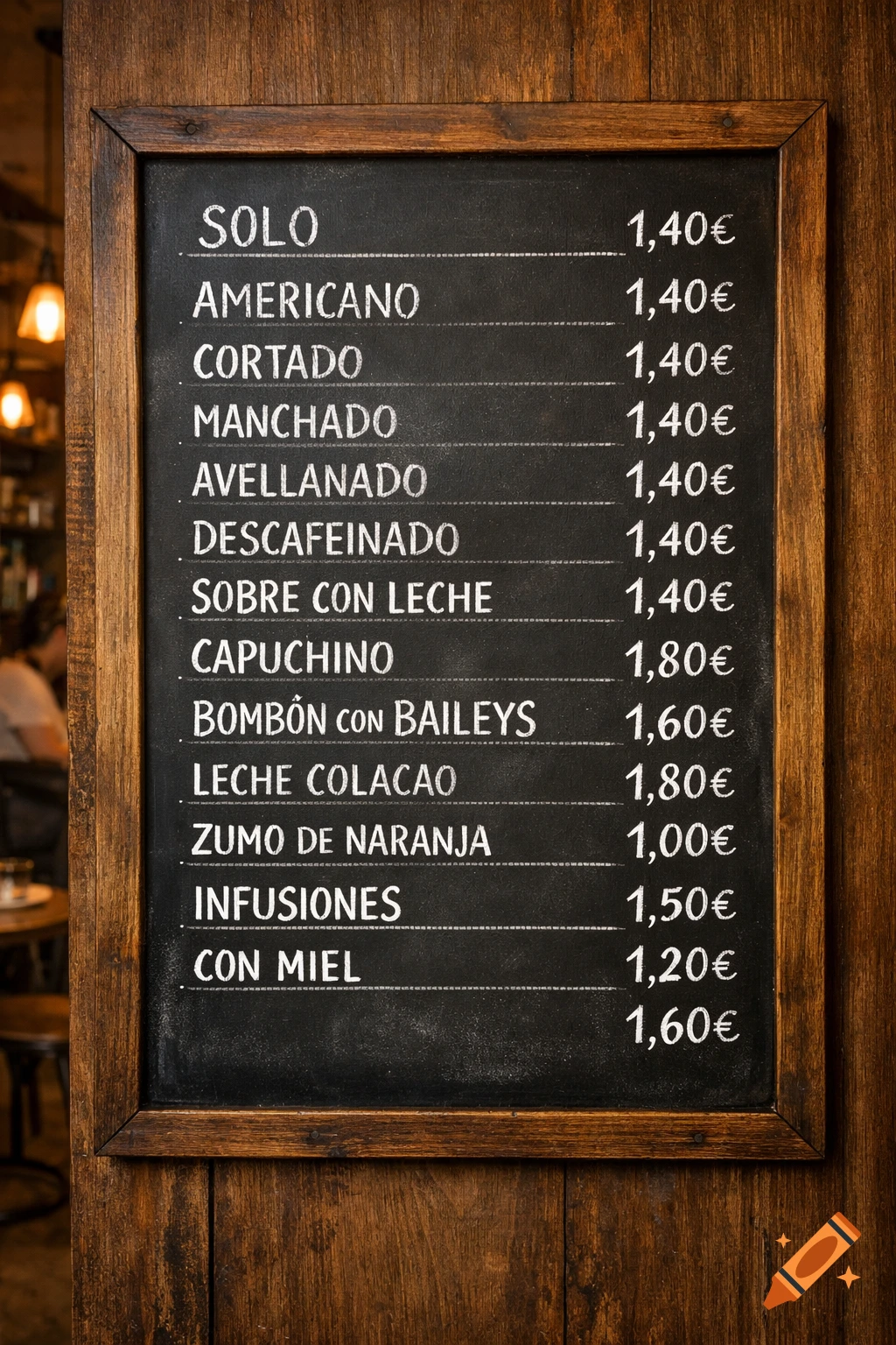 A close-up, photorealistic shot of a chalkboard cafe menu listing coffee drinks and their prices in euros.