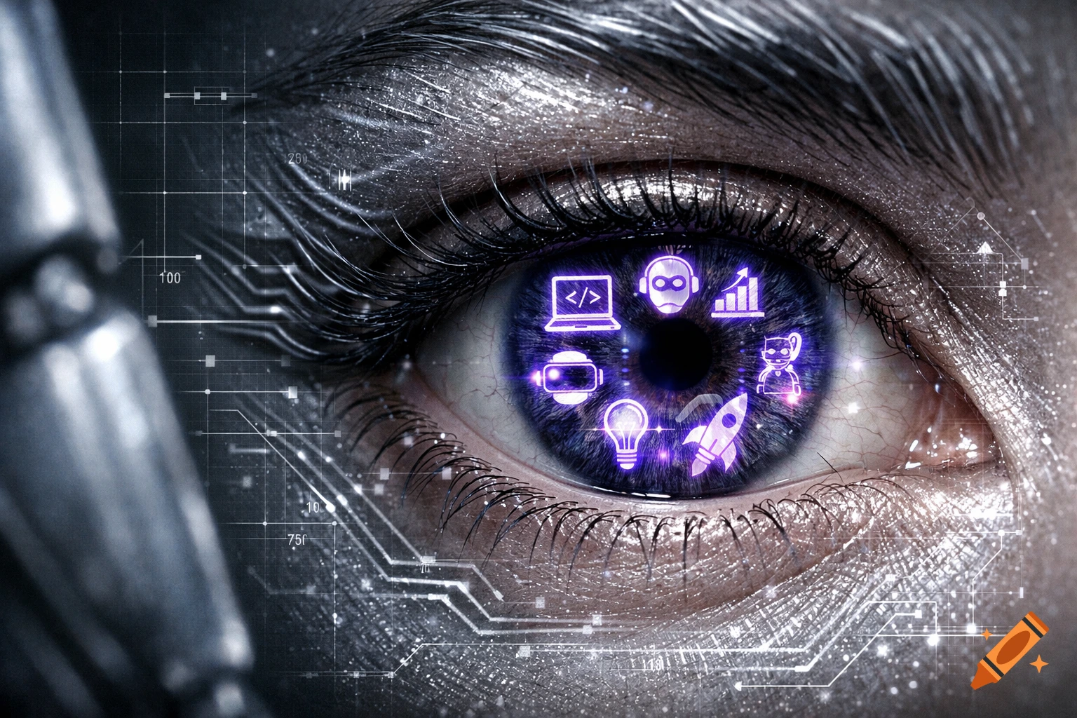 Close-up of a human eye with glowing violet tech icons (laptop, robot, VR) in the pupil, over a circuit pattern background.