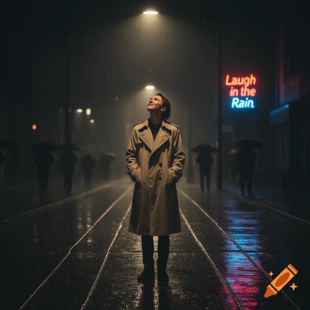 A person in a trench coat stands on a rainy city street at night, looking up at a streetlamp. A neon sign reads 'Laugh in the Rain'.