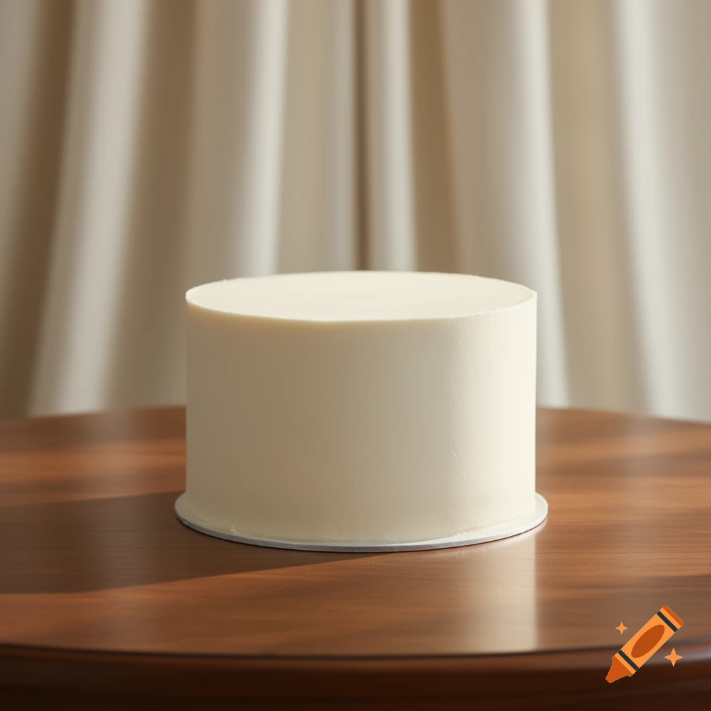 A plain single-layer white buttercream cake on a wooden table with a light curtain background.