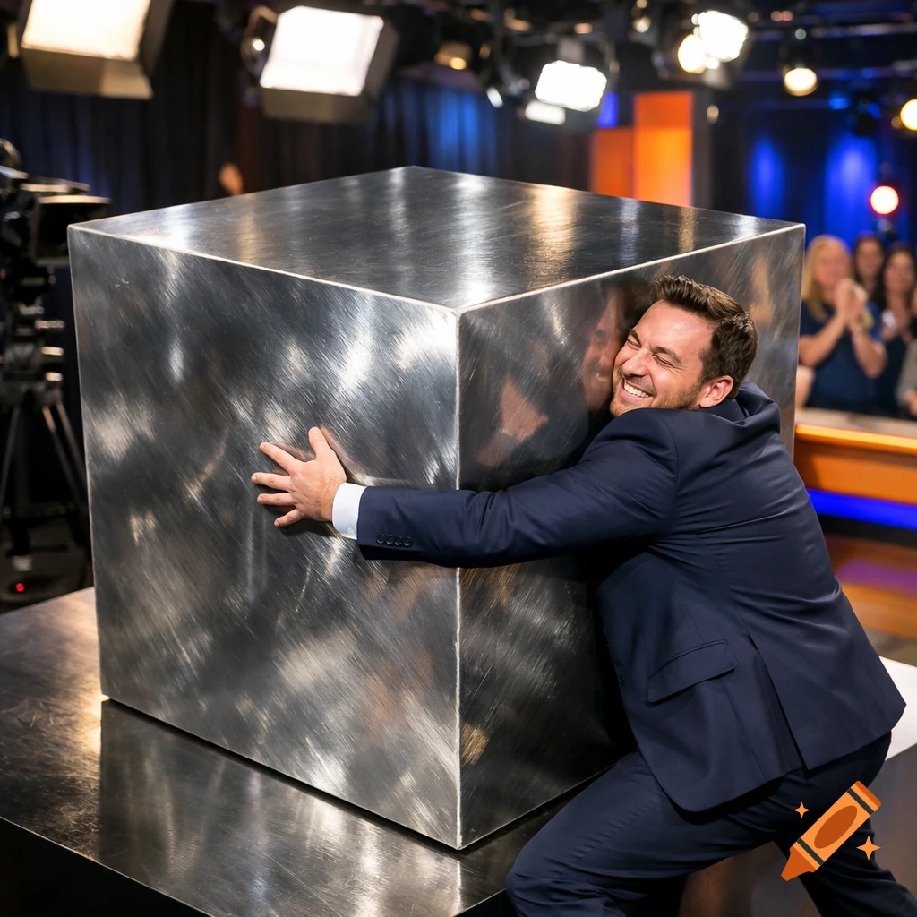 A man in a suit enthusiastically hugs a large brushed metal cube on a television show stage.