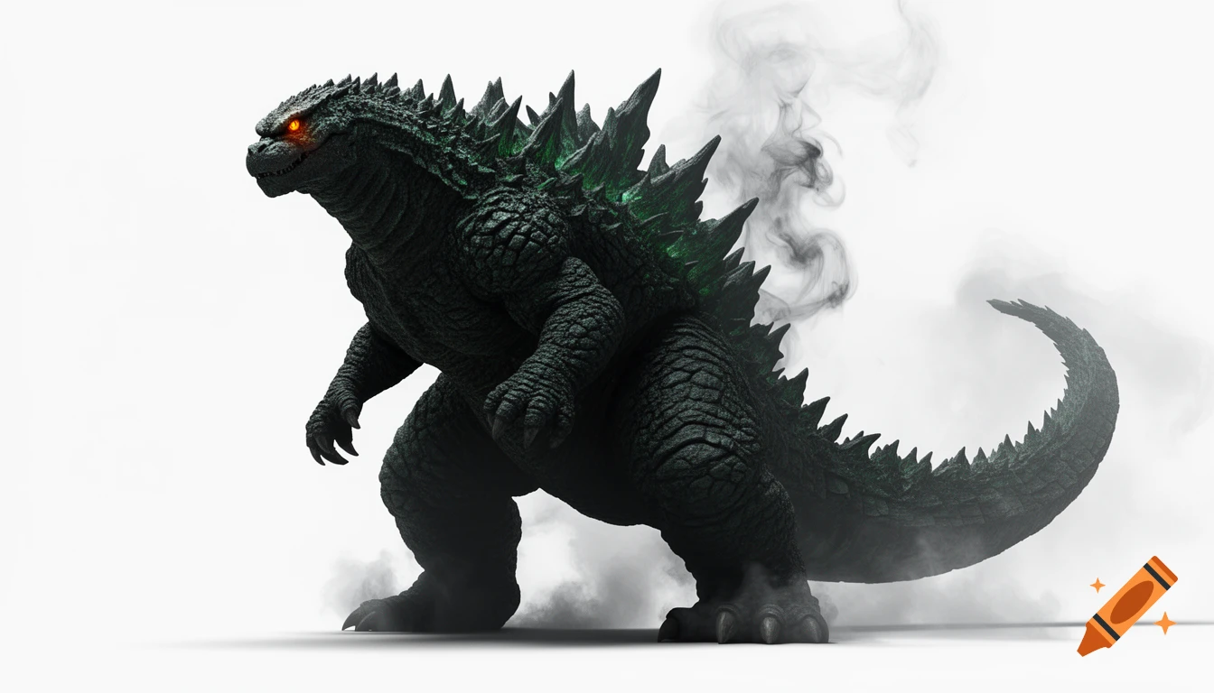 A photorealistic render of a large, dark green Godzilla with glowing orange eyes and spiky fins, standing on a white background with smoke rising from its back.