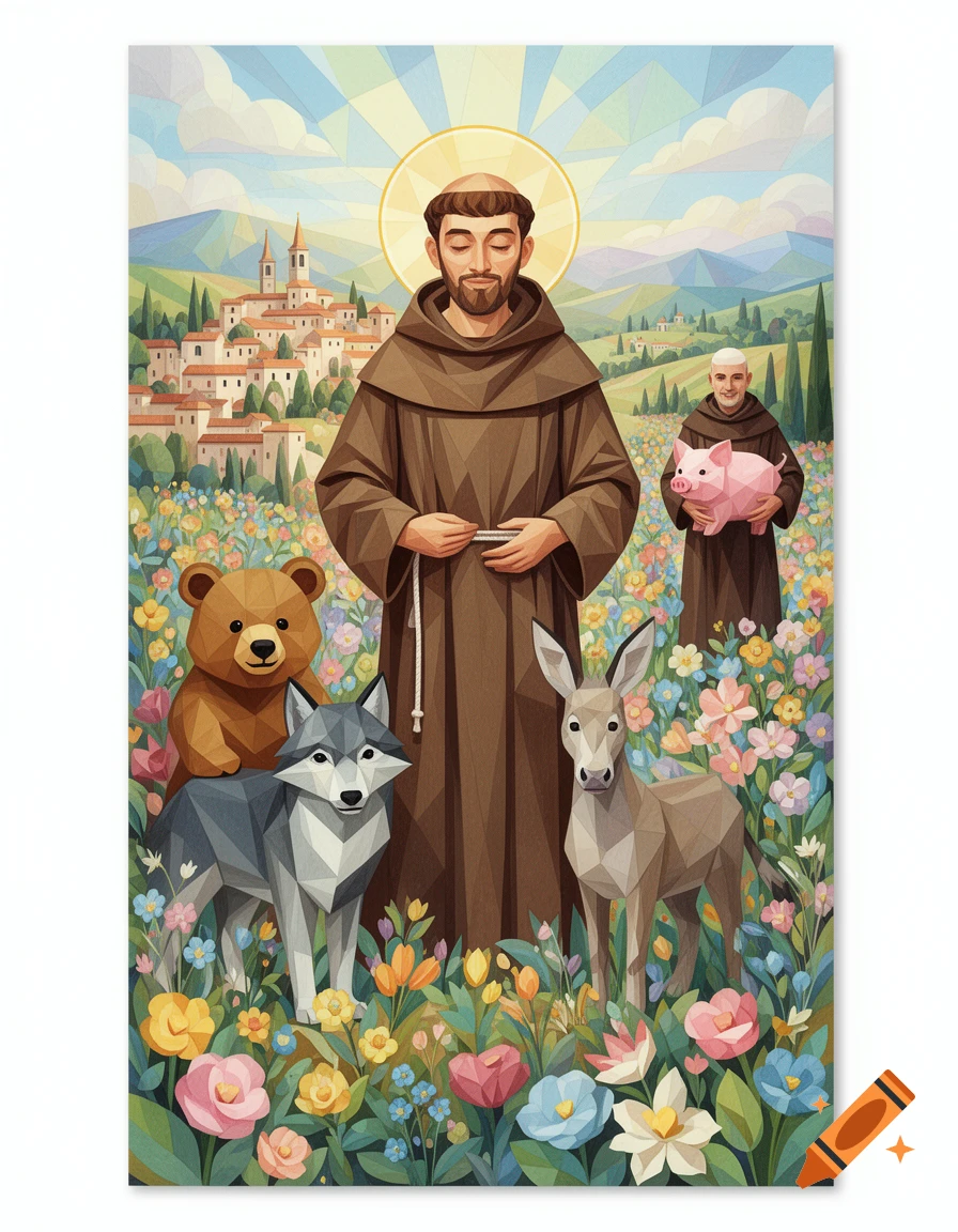 Geometric collage of St. Francis of Assisi with a halo and animals (bear, wolf, donkey) in a flower field. Brother Juniper holds a pig.