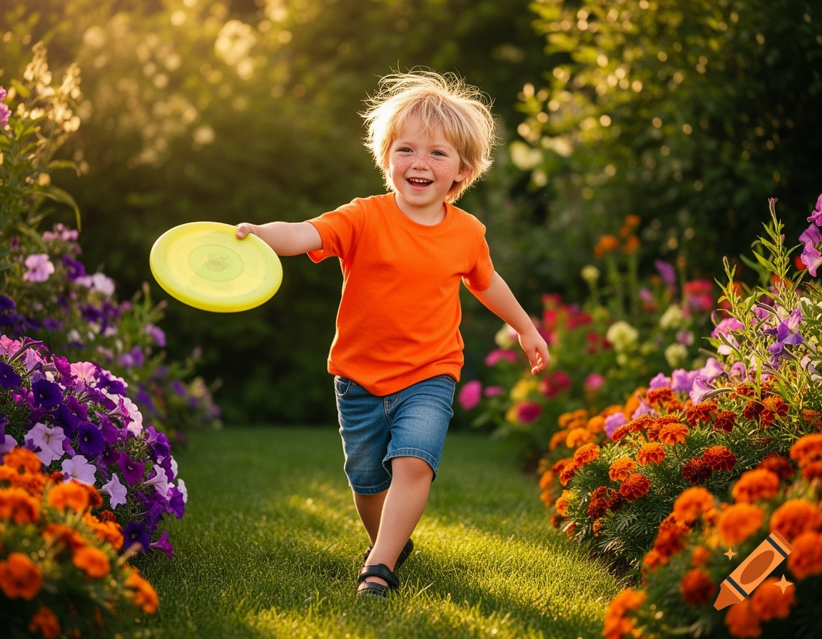 Happy boy with a frisbee running through a colorful garden at sunset.