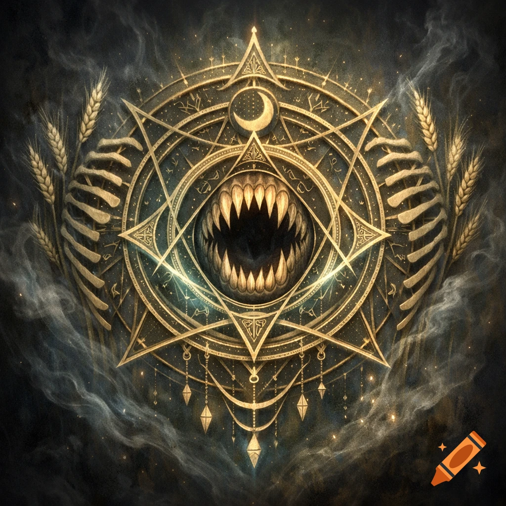 A detailed golden circular occult symbol featuring a monstrous eye with sharp fangs at its center, surrounded by intricate patterns and skeletal elements, against a dark, smoky background.