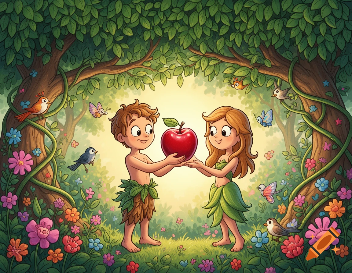 Cartoon Adam and Eve in a vibrant garden, holding a red apple, surrounded by flowers, trees, birds, and butterflies.