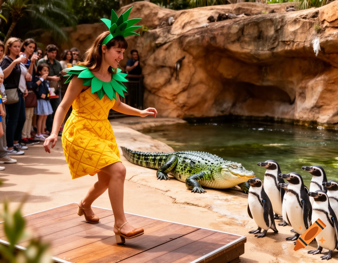 A woman in a pineapple costume poses on a wooden platform in a zoo, with an alligator and penguins nearby.