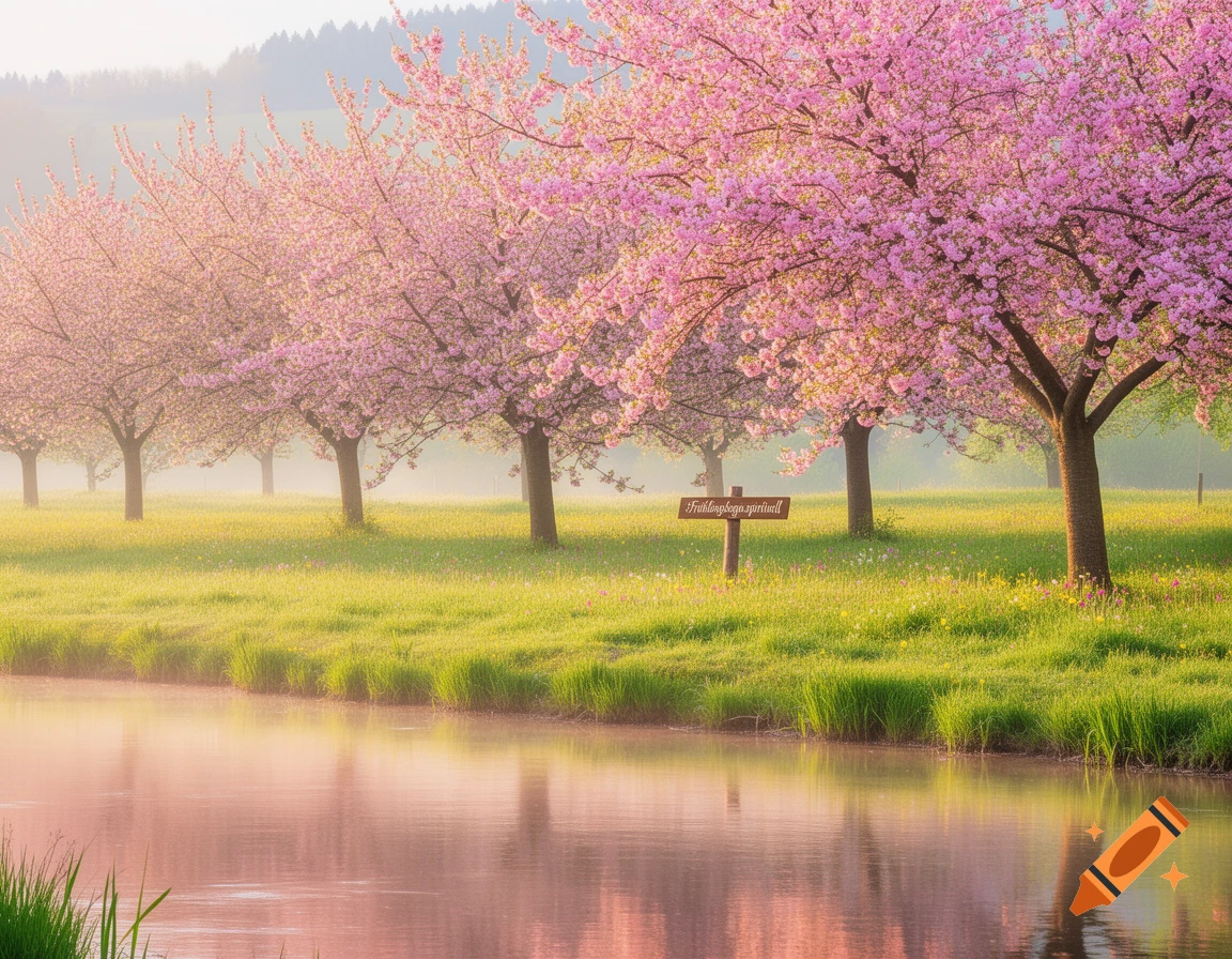 A serene spring landscape featuring a row of pink cherry blossom trees along a river, with lush green grass and a small sign.