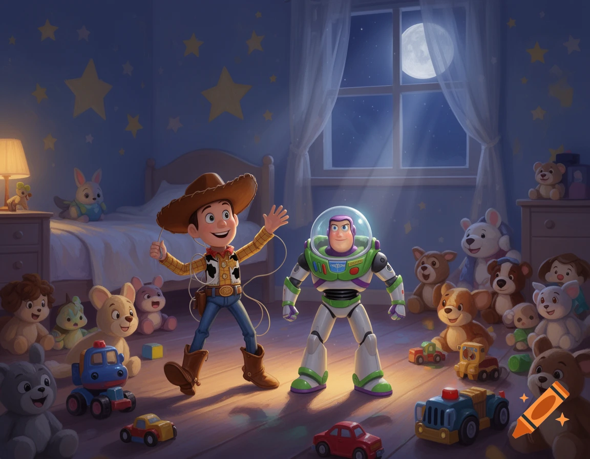 Woody and Buzz Lightyear stand in a child's bedroom at night, surrounded by many plush and plastic toys, with a full moon visible through the window.