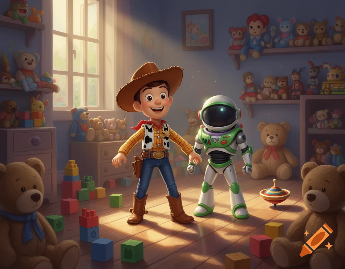 Woody and Buzz Lightyear stand in a sunlit child's room filled with toys, blocks, and teddy bears, in a stylized animated style.