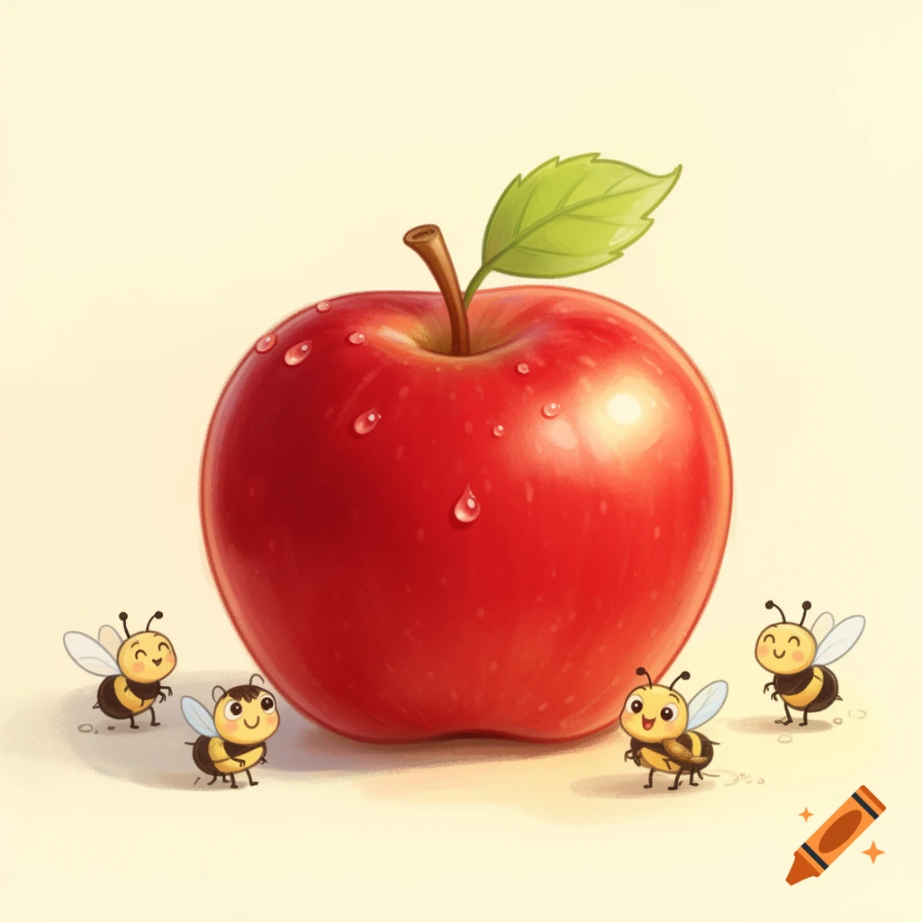 A cheerful children's illustration featuring a large red apple with water droplets, surrounded by four smiling cartoon bees.