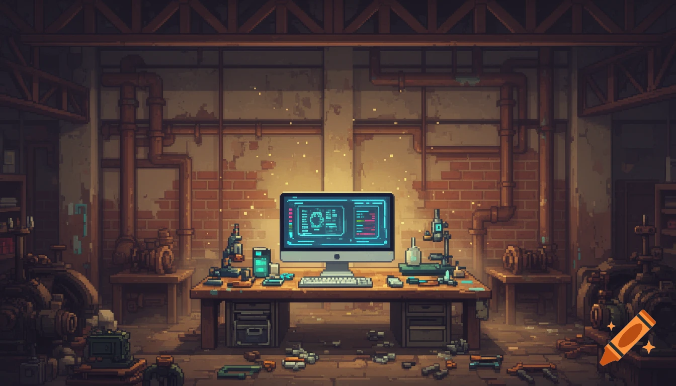 Pixel art of a cluttered laboratory converted from an old factory, with a modern computer on a desk.