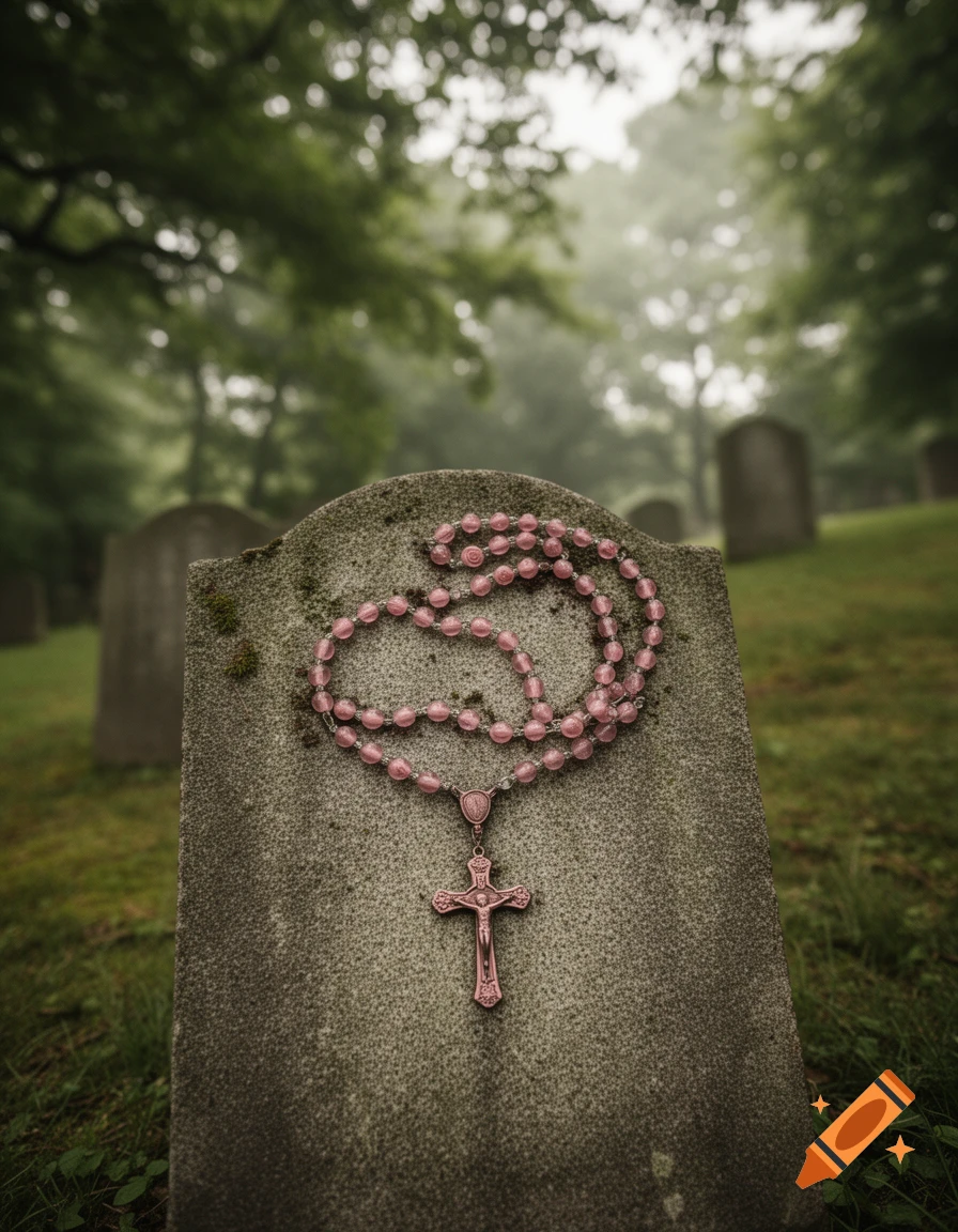 A pink rosary with a crucifix rests on a mossy grey tombstone in a misty cemetery.