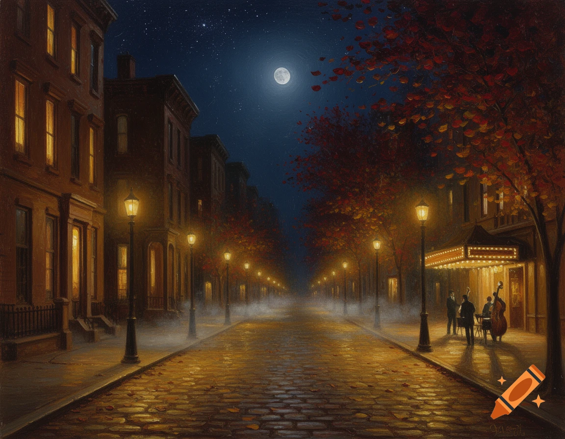An oil painting of a cobblestone city street at night, illuminated by streetlights, with a jazz band performing under a glowing marquee, autumn trees, and a full moon in the dark sky.