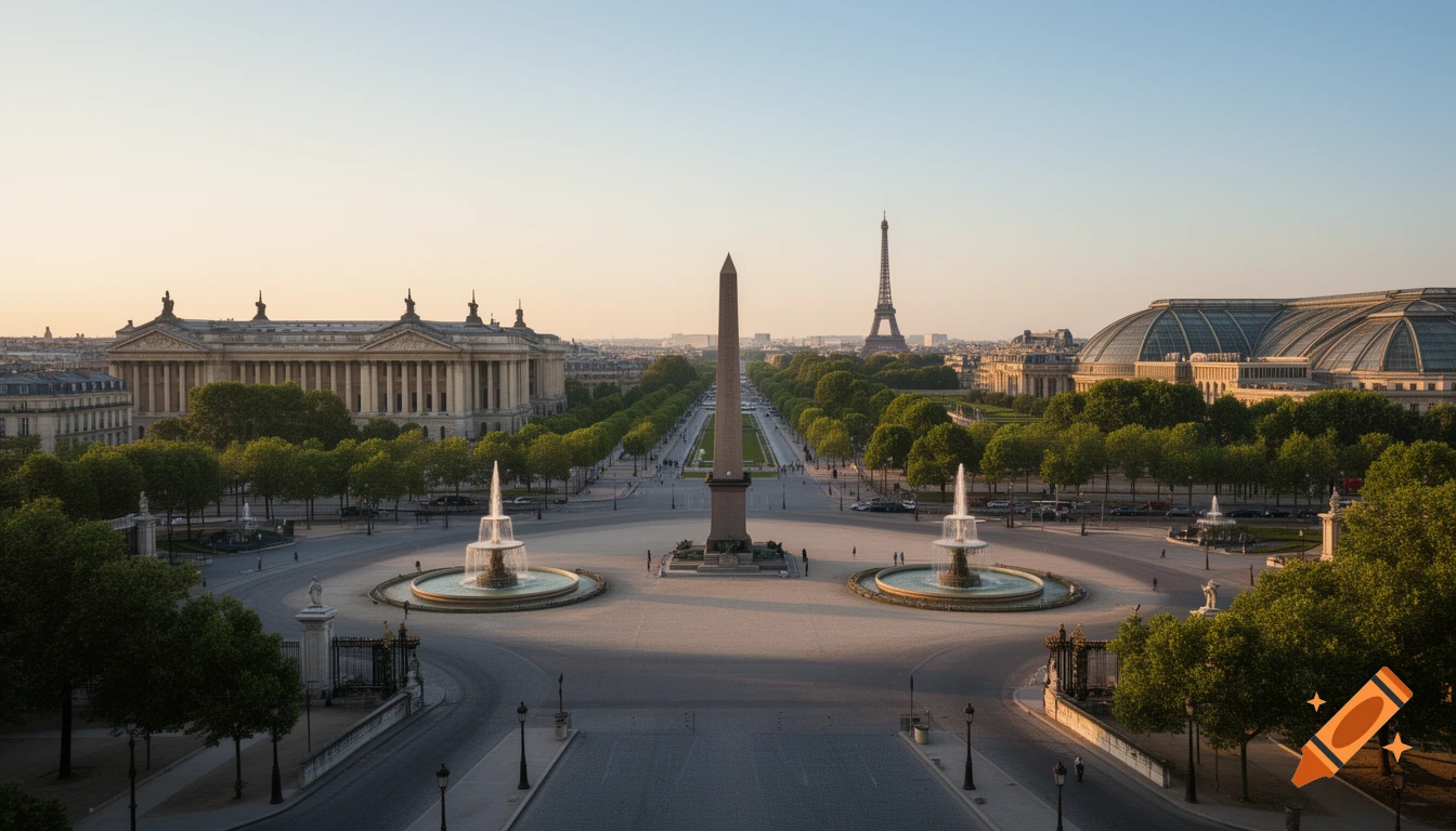 Photorealistic aerial view of Place de la Concorde in Paris with the Obelisk, fountains, Eiffel Tower, and Grand Palais under a clear sky.