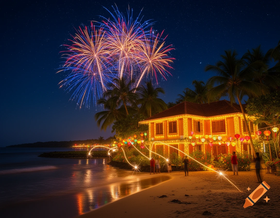 A tropical home brightly lit with string lights and lanterns on a beach at night, with fireworks exploding overhead and people holding sparklers.