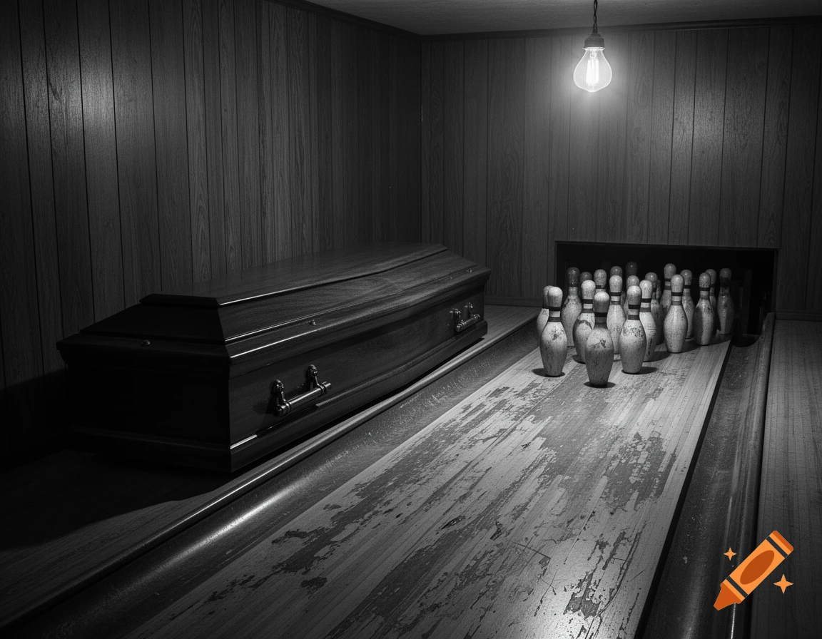 A wooden coffin sits next to a worn bowling lane with pins, lit by a single bulb in a dark, moody room.