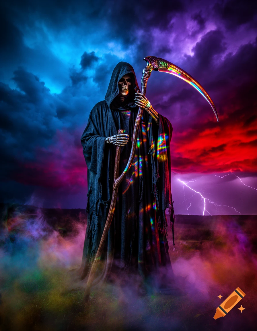 A dramatic Grim Reaper with a colorful scythe and staff stands against a stormy sky with blue, red, and purple clouds and lightning.